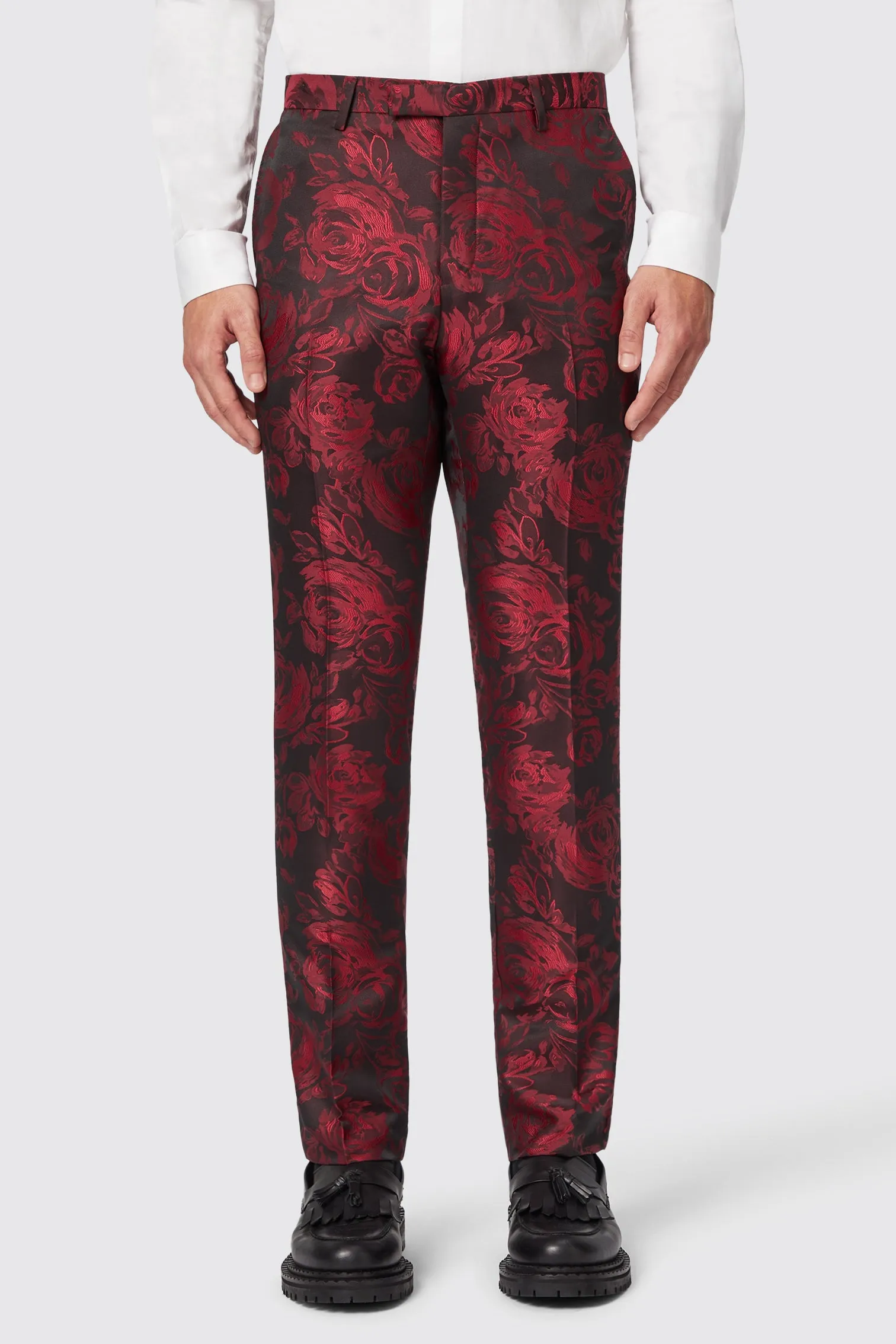 Ersat Skinny Fit Red Floral Jacquard Tuxedo Trouser