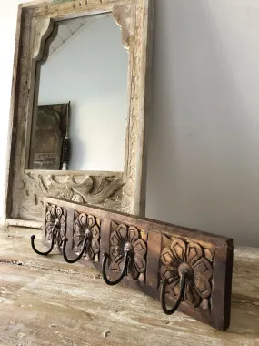 Floral Hand Carved Indian Wooden Coat Rack Wall Hanger With 4 Hooks