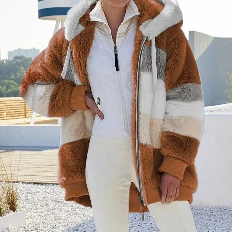Flytonn-Thick Warm Teddy Coat Women Winter Long Sleeve Fluffy Hairy Fake Fur Jackets Female Hooded Zipper Pockets Plus Size Overcoat