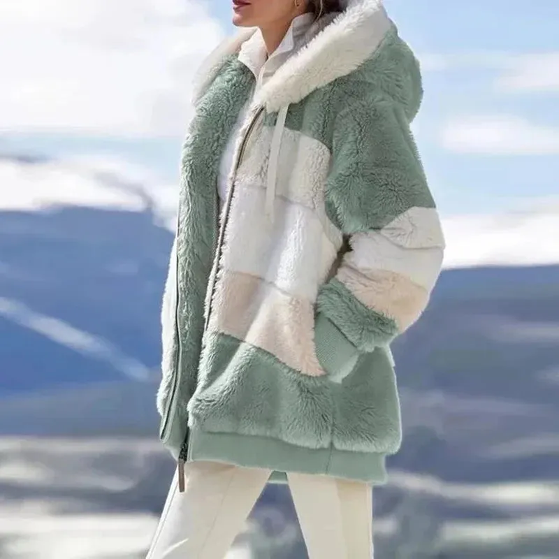 Flytonn-Thick Warm Teddy Coat Women Winter Long Sleeve Fluffy Hairy Fake Fur Jackets Female Hooded Zipper Pockets Plus Size Overcoat