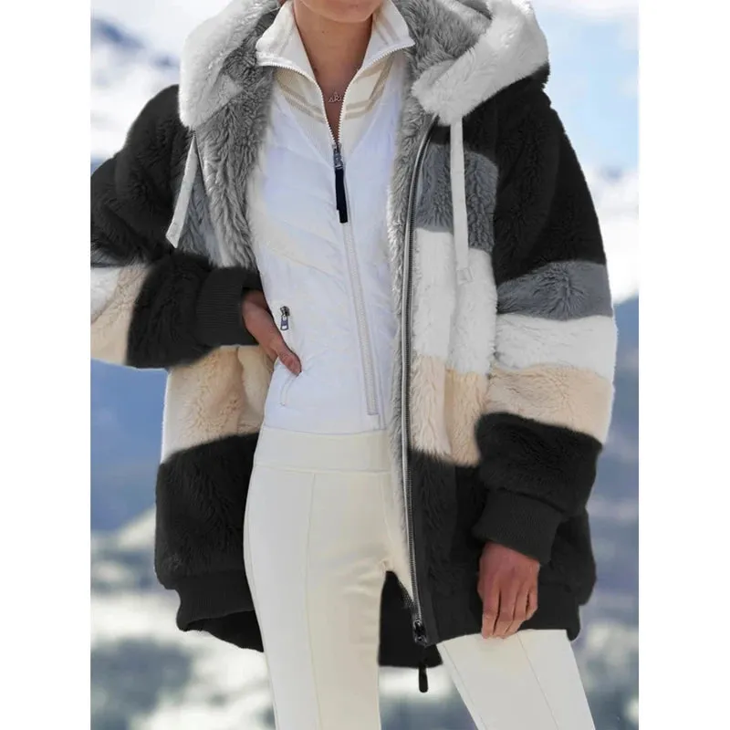 Flytonn-Thick Warm Teddy Coat Women Winter Long Sleeve Fluffy Hairy Fake Fur Jackets Female Hooded Zipper Pockets Plus Size Overcoat