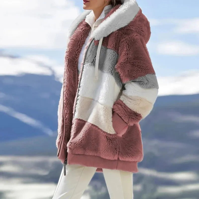 Flytonn-Thick Warm Teddy Coat Women Winter Long Sleeve Fluffy Hairy Fake Fur Jackets Female Hooded Zipper Pockets Plus Size Overcoat