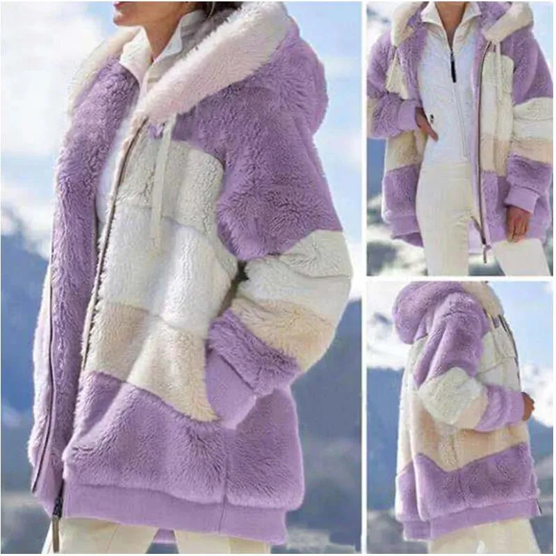 Flytonn-Thick Warm Teddy Coat Women Winter Long Sleeve Fluffy Hairy Fake Fur Jackets Female Hooded Zipper Pockets Plus Size Overcoat