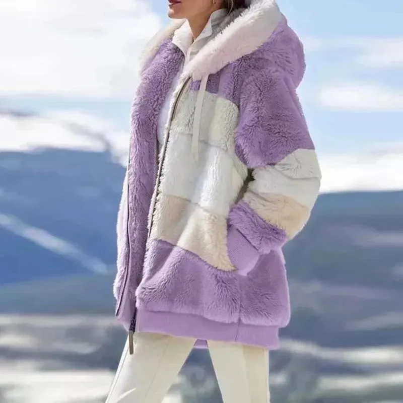 Flytonn-Thick Warm Teddy Coat Women Winter Long Sleeve Fluffy Hairy Fake Fur Jackets Female Hooded Zipper Pockets Plus Size Overcoat