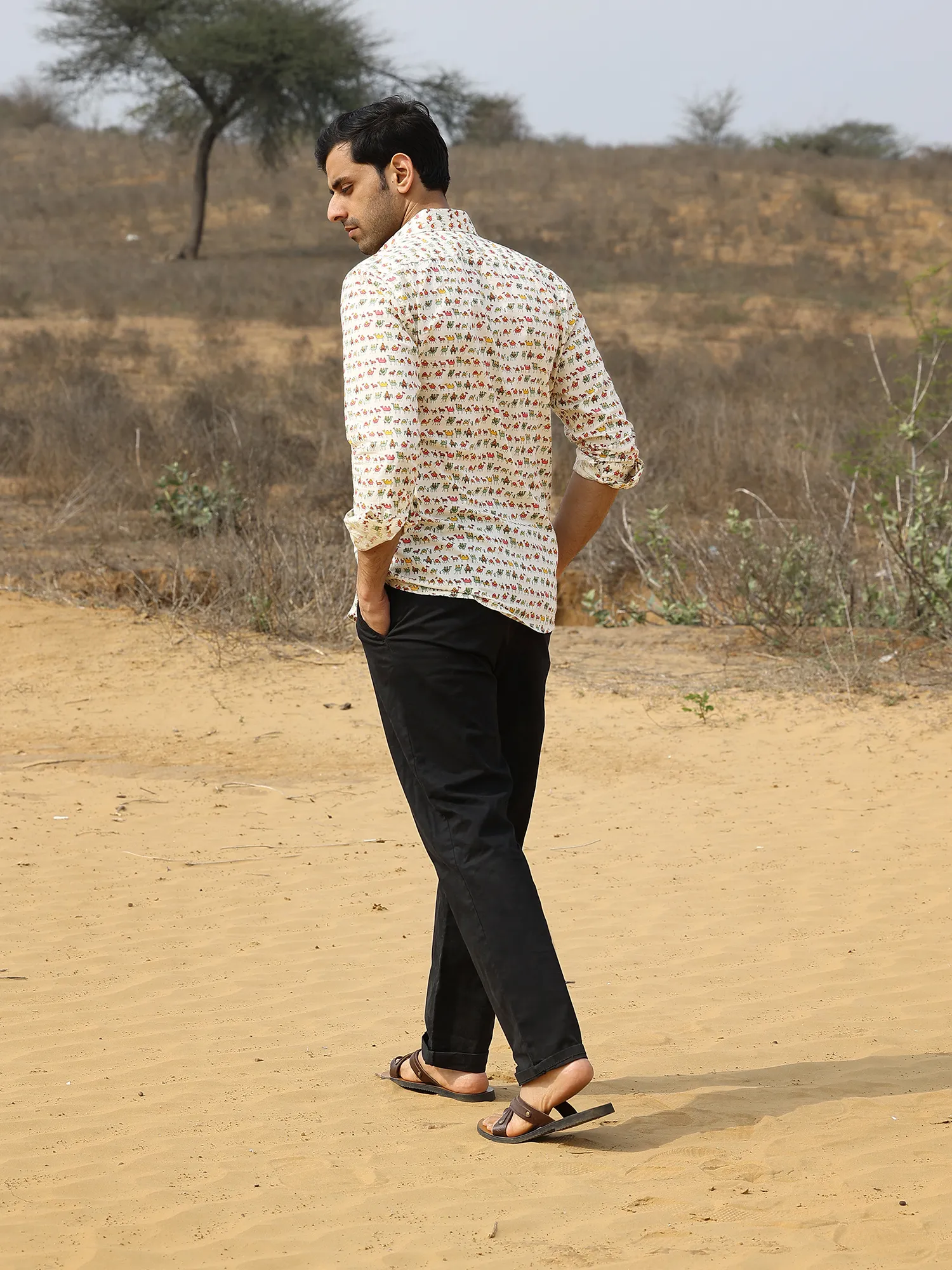 Full Sleeve Hand Block Camel Printed Mens Cotton Shirt (Off White)