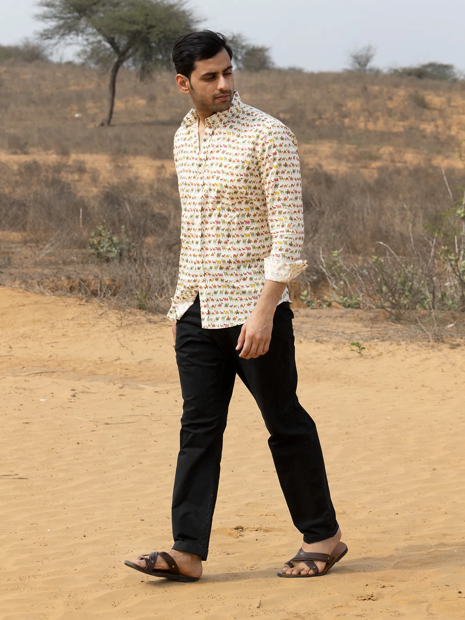 Full Sleeve Hand Block Camel Printed Mens Cotton Shirt (Off White)