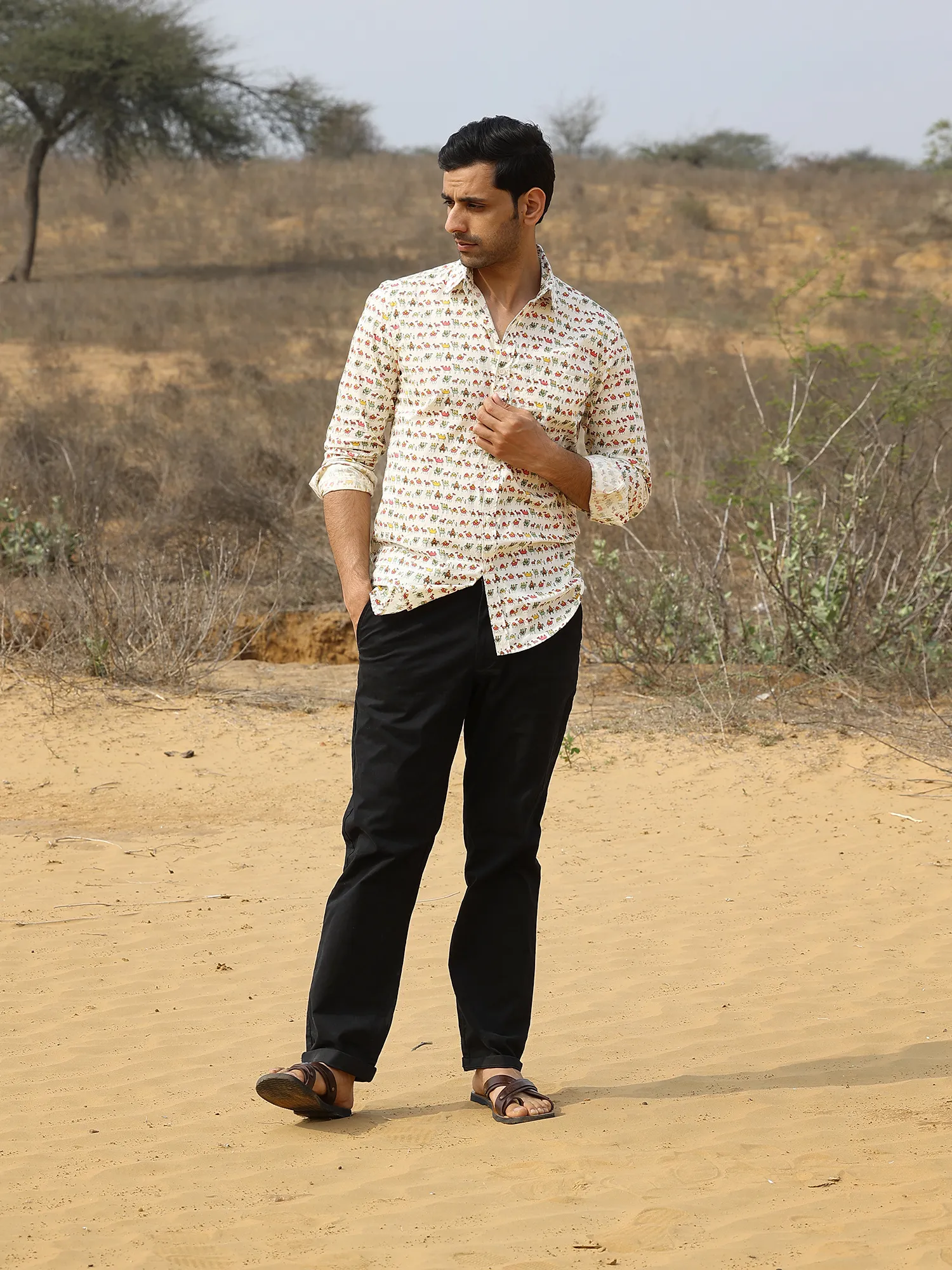 Full Sleeve Hand Block Camel Printed Mens Cotton Shirt (Off White)