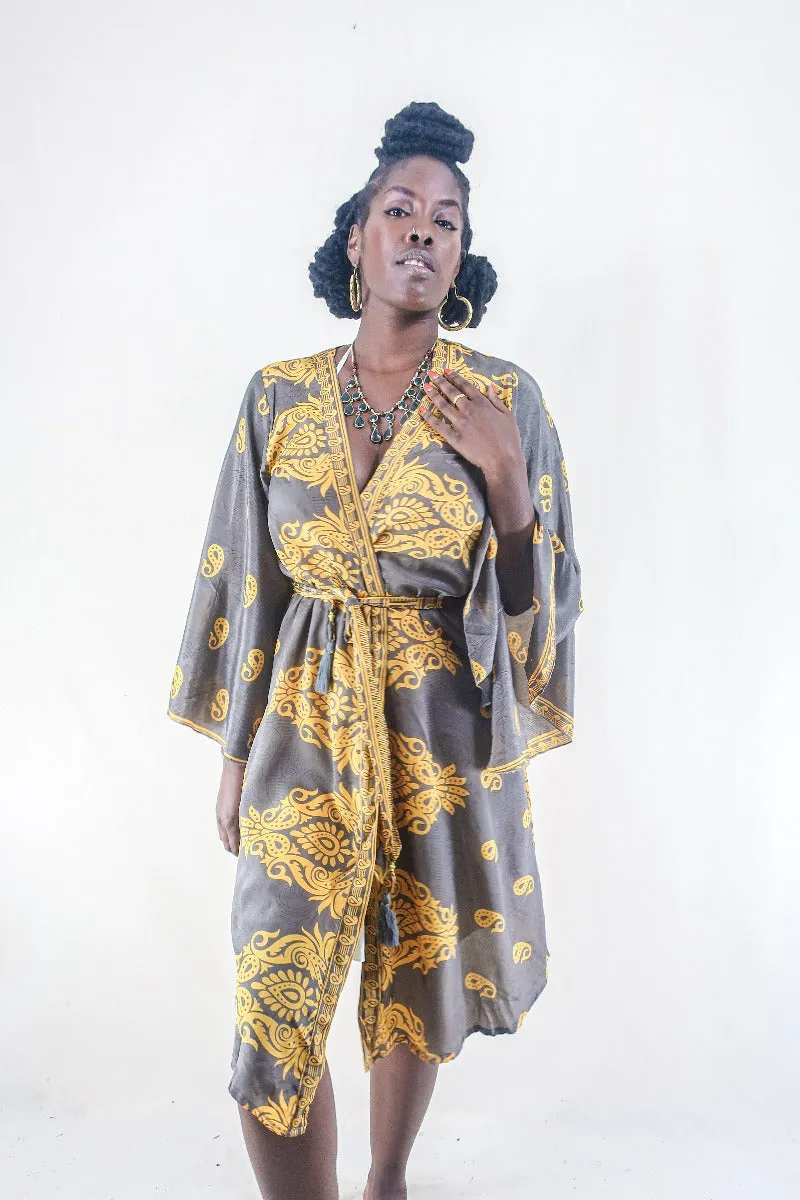 Gemini Kimono - Smokey Flourishes & Yellow Paisley - Vintage Indian Sari - Size XL