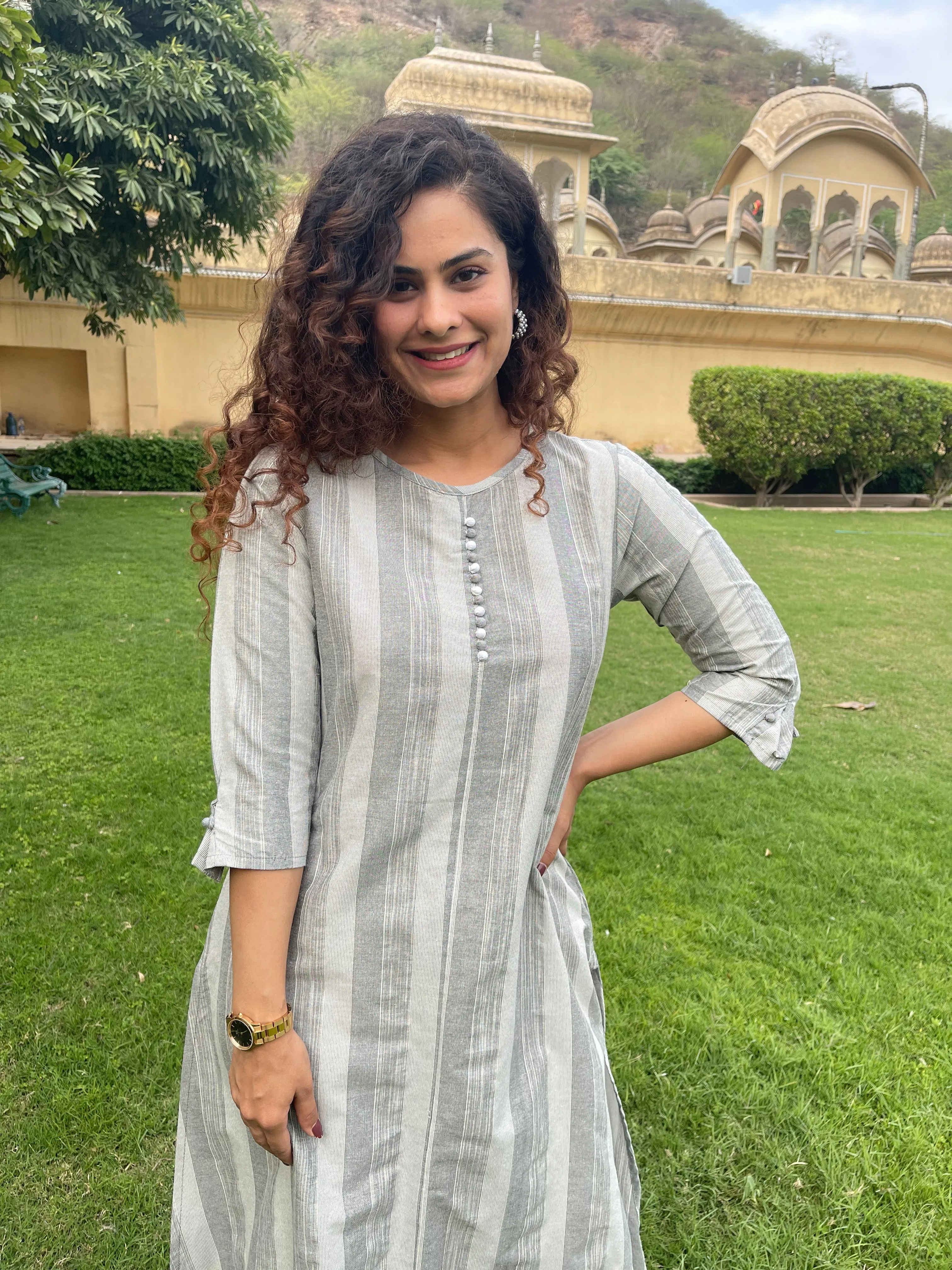 Grey Cotton Printed Kurta Set