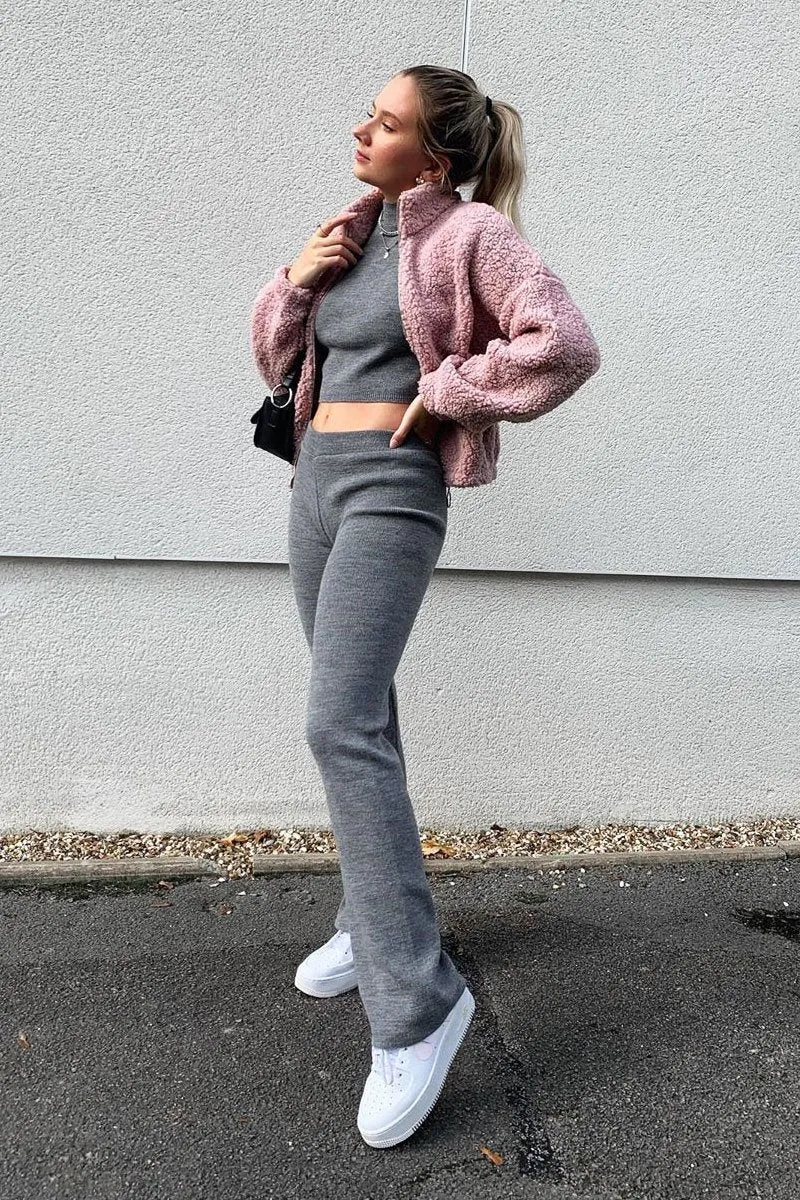 Grey Knit High Neck Crop Top and Trouser Co-ord - Helena