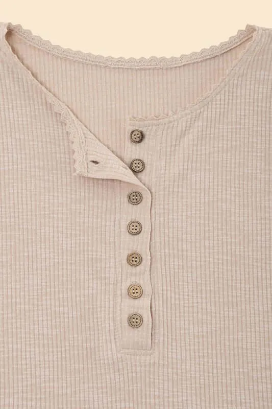 Henley Neck Tee T-shirt with Lace Trim