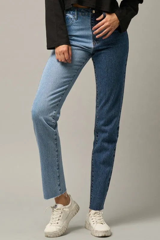 High Waist Two Tone Raw Hem Straight Jeans -online exclusive