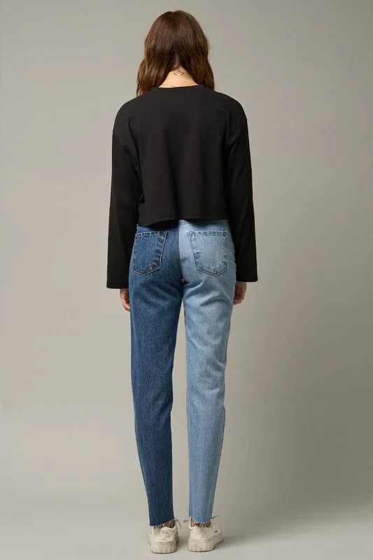 High Waist Two Tone Raw Hem Straight Jeans -online exclusive