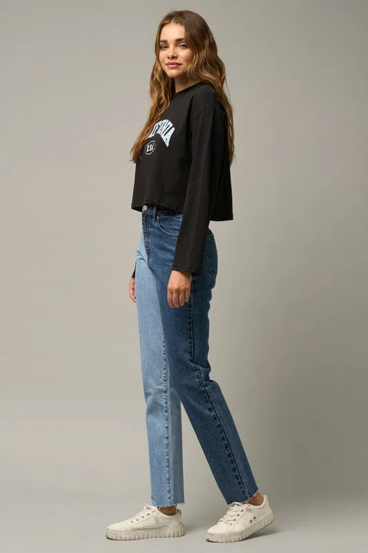 High Waist Two Tone Raw Hem Straight Jeans -online exclusive