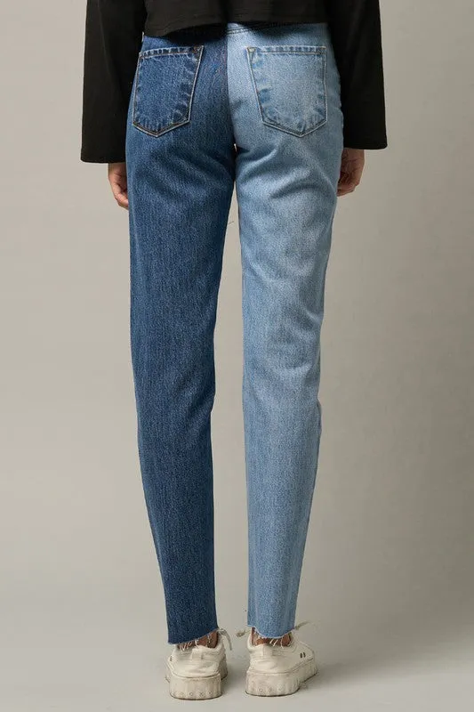 High Waist Two Tone Raw Hem Straight Jeans -online exclusive