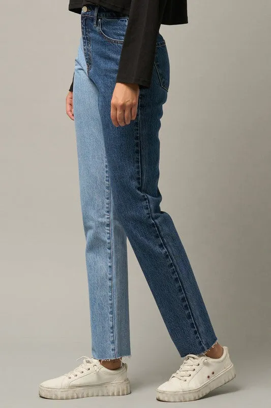 High Waist Two Tone Raw Hem Straight Jeans -online exclusive