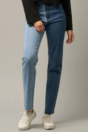 High Waist Two Tone Raw Hem Straight Jeans -online exclusive