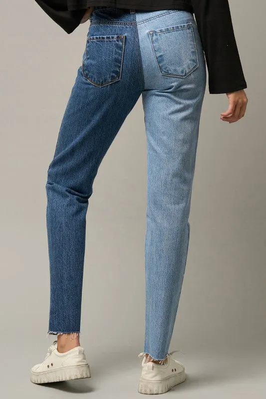 High Waist Two Tone Raw Hem Straight Jeans -online exclusive