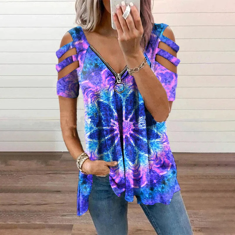 Hollow Shoulder Floral Print Zipper V-Neck T-Shirt Wholesale