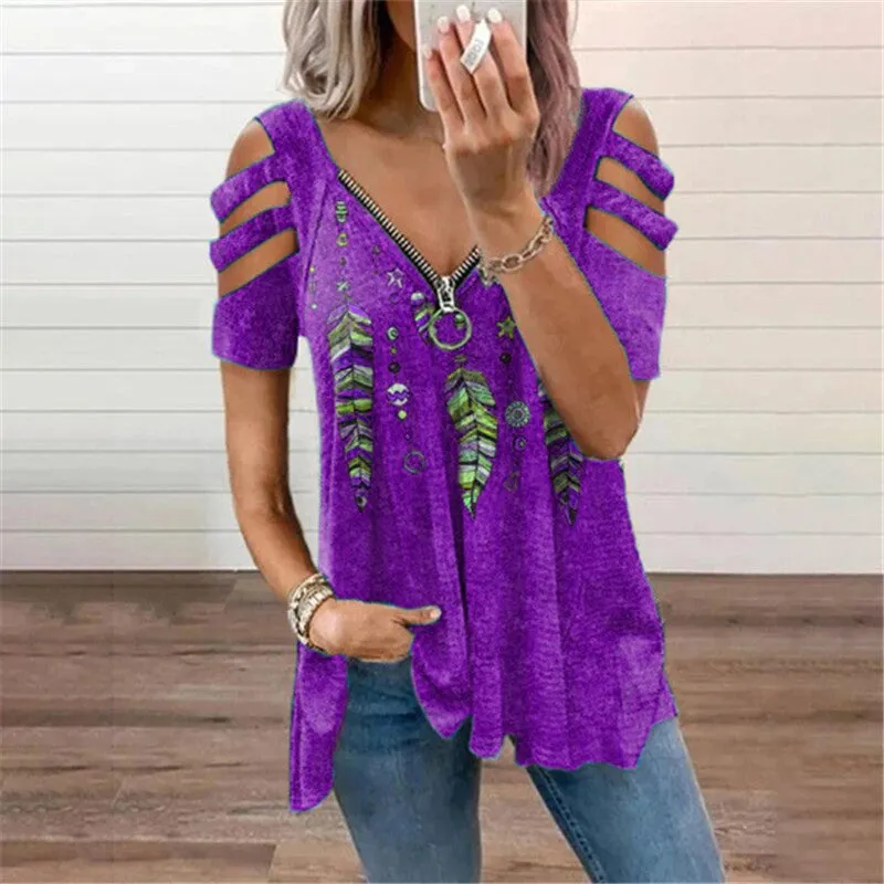 Hollow Shoulder Floral Print Zipper V-Neck T-Shirt Wholesale