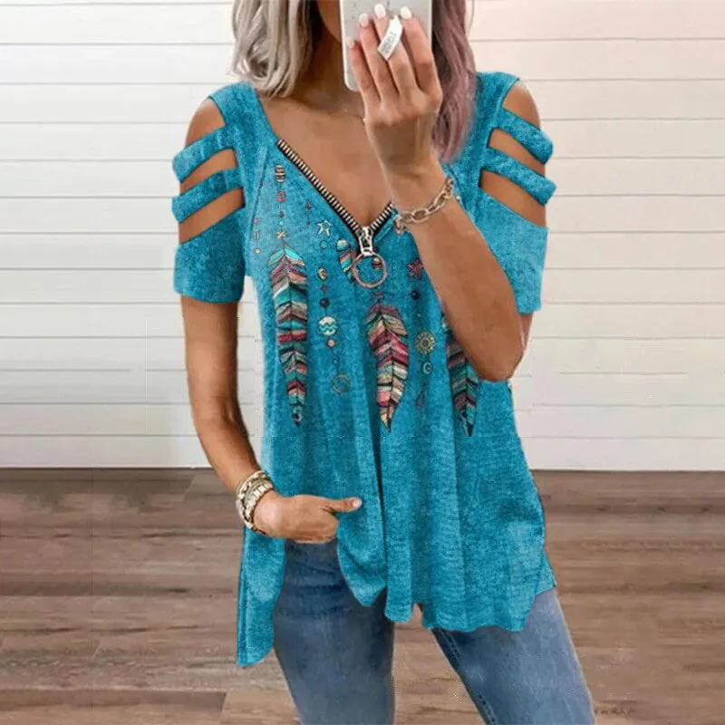 Hollow Shoulder Floral Print Zipper V-Neck T-Shirt Wholesale