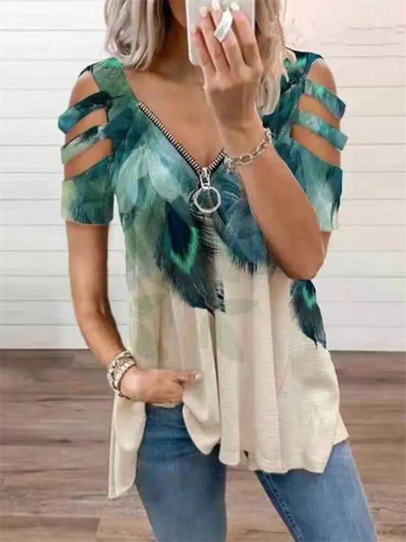 Hollow Shoulder Floral Print Zipper V-Neck T-Shirt Wholesale