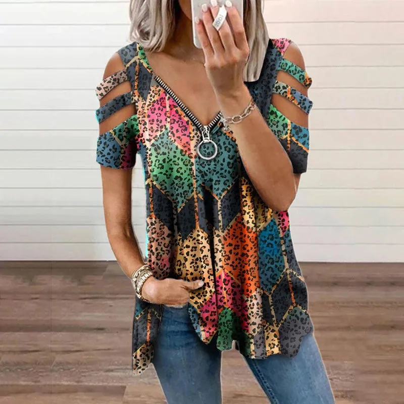 Hollow Shoulder Floral Print Zipper V-Neck T-Shirt Wholesale