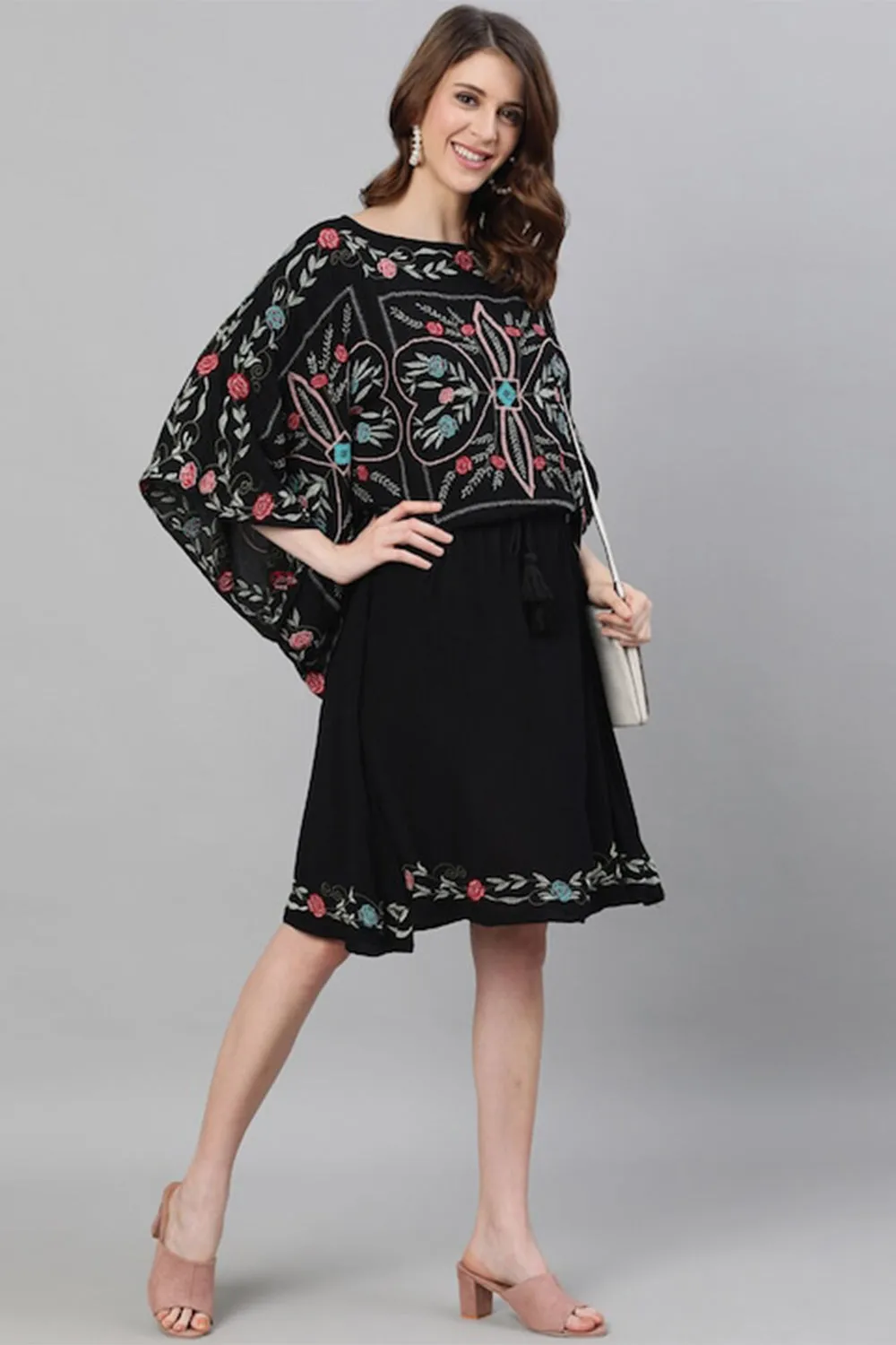 Ishin Black Ethnic Motifs Embroidered Kaftan Dress