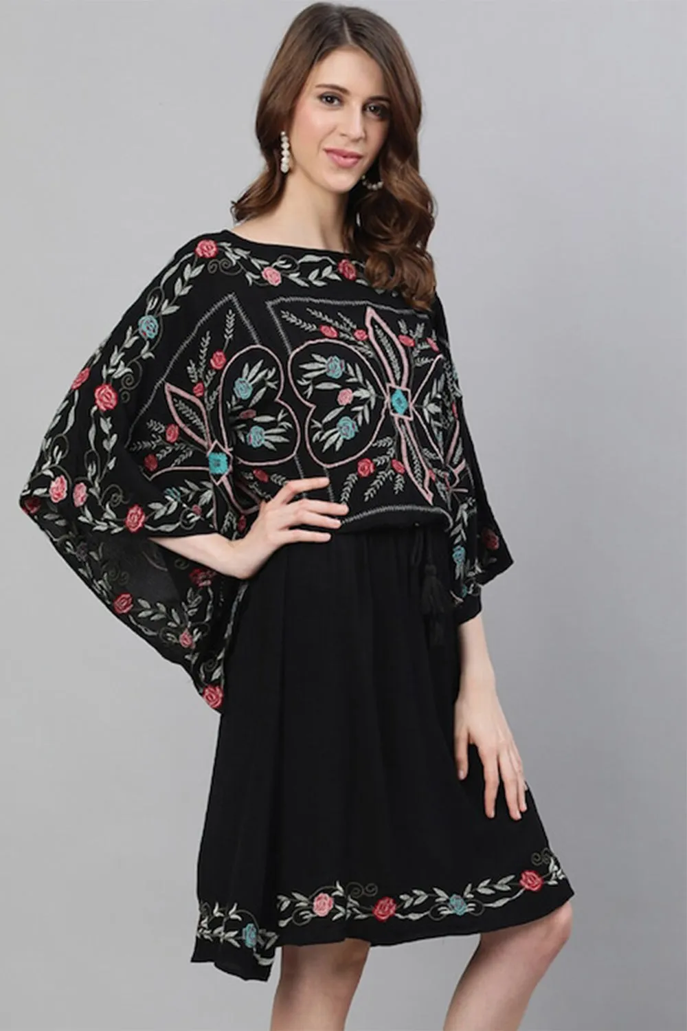 Ishin Black Ethnic Motifs Embroidered Kaftan Dress