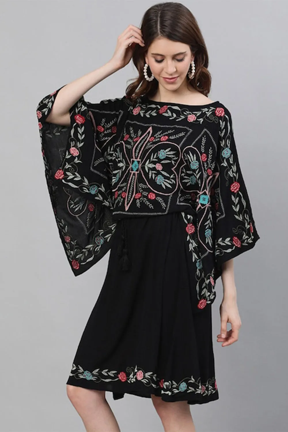 Ishin Black Ethnic Motifs Embroidered Kaftan Dress