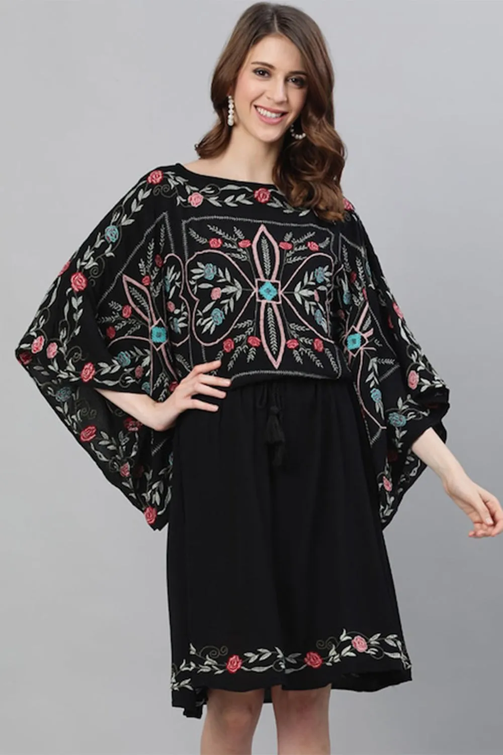 Ishin Black Ethnic Motifs Embroidered Kaftan Dress