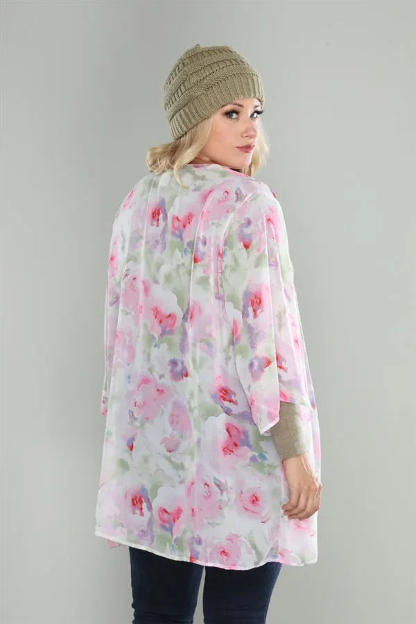 Ivory and Pink Floral Plus Size Cardigan