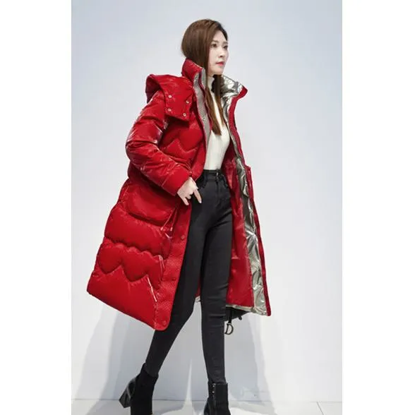Knee-Length Waterproof Bright Surface Puffer Coat