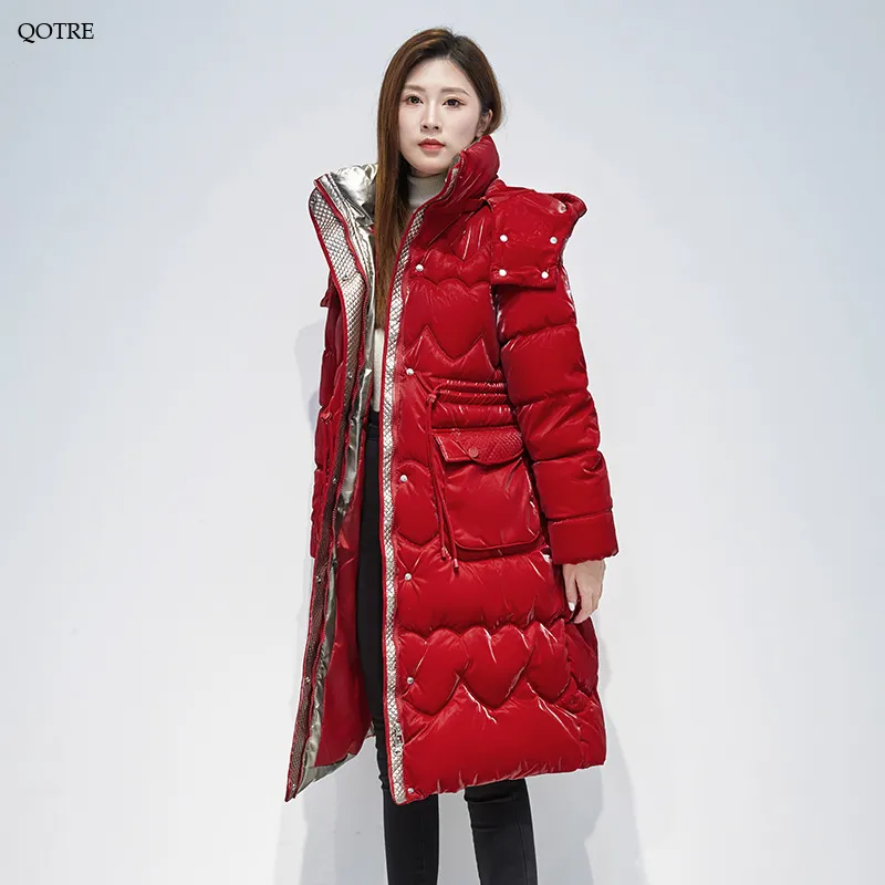 Knee-Length Waterproof Bright Surface Puffer Coat
