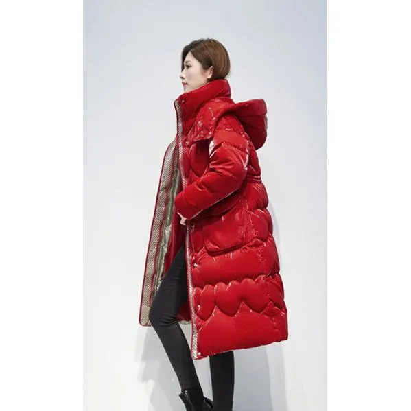 Knee-Length Waterproof Bright Surface Puffer Coat
