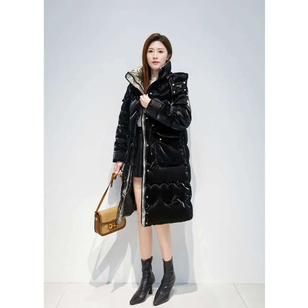 Knee-Length Waterproof Bright Surface Puffer Coat