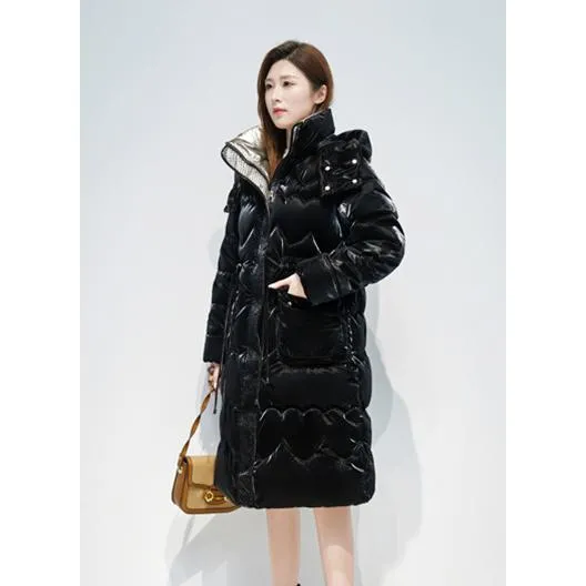 Knee-Length Waterproof Bright Surface Puffer Coat