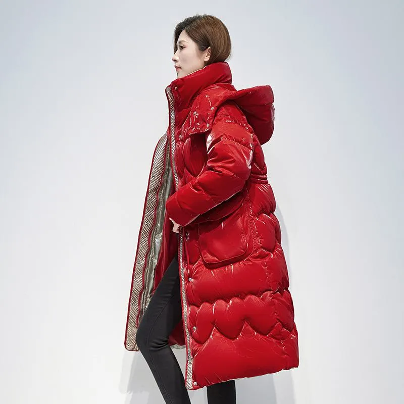 Knee-Length Waterproof Bright Surface Puffer Coat