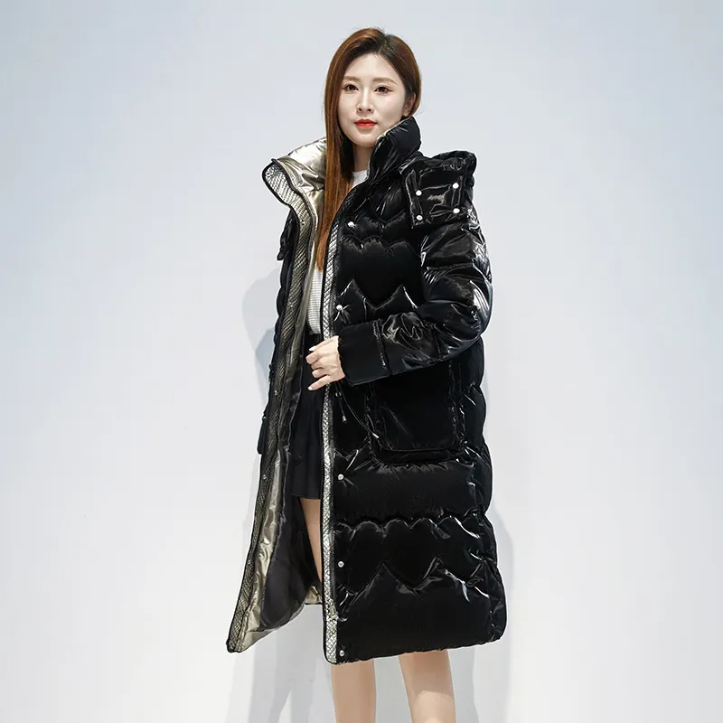 Knee-Length Waterproof Bright Surface Puffer Coat