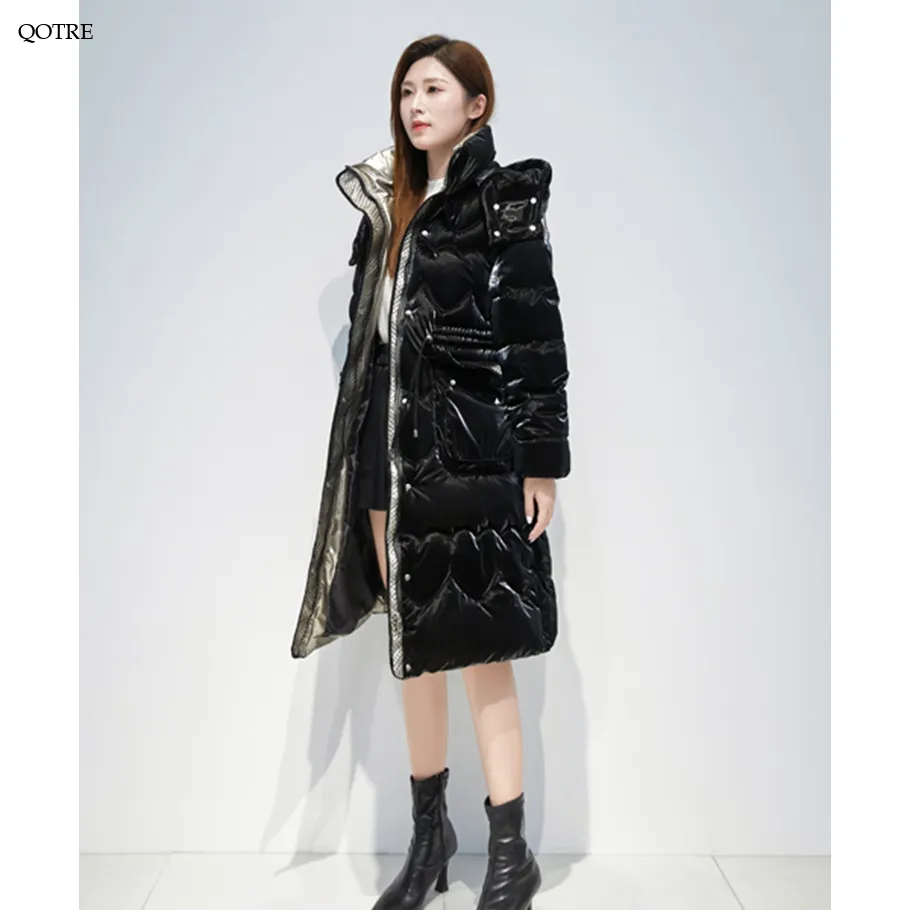 Knee-Length Waterproof Bright Surface Puffer Coat