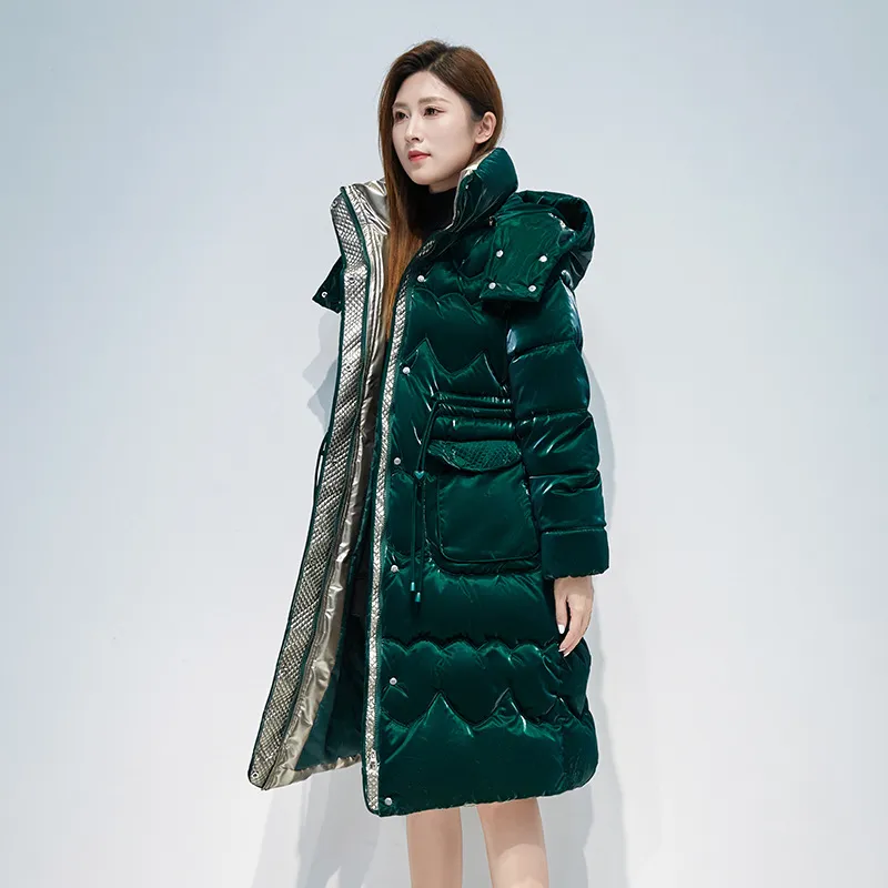 Knee-Length Waterproof Bright Surface Puffer Coat