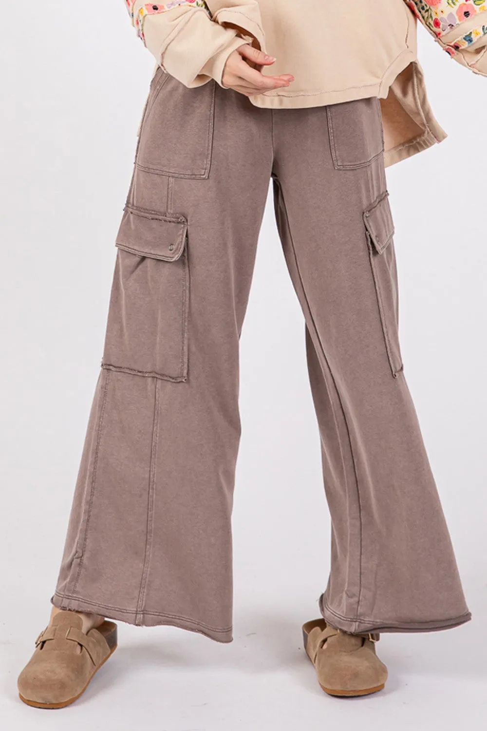 Knit Terry Mineral Wash Wide Leg Pants - Charcoal