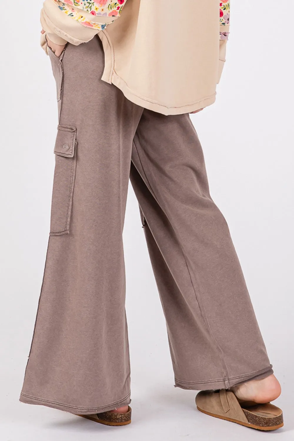 Knit Terry Mineral Wash Wide Leg Pants - Charcoal
