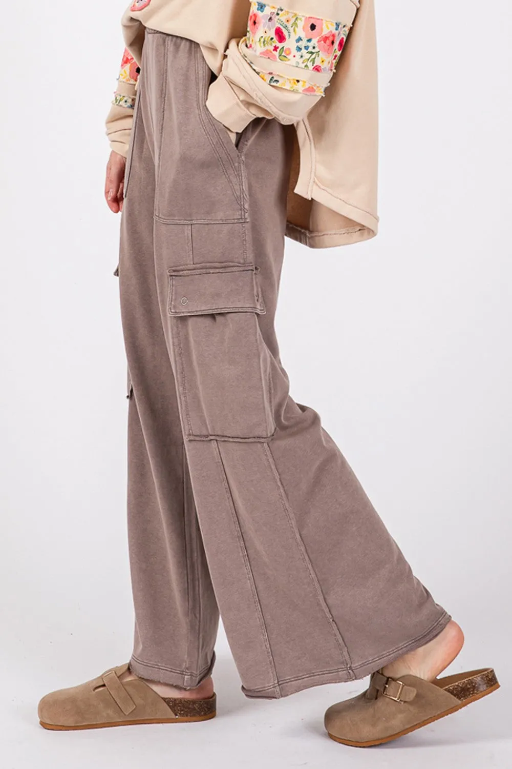 Knit Terry Mineral Wash Wide Leg Pants - Charcoal