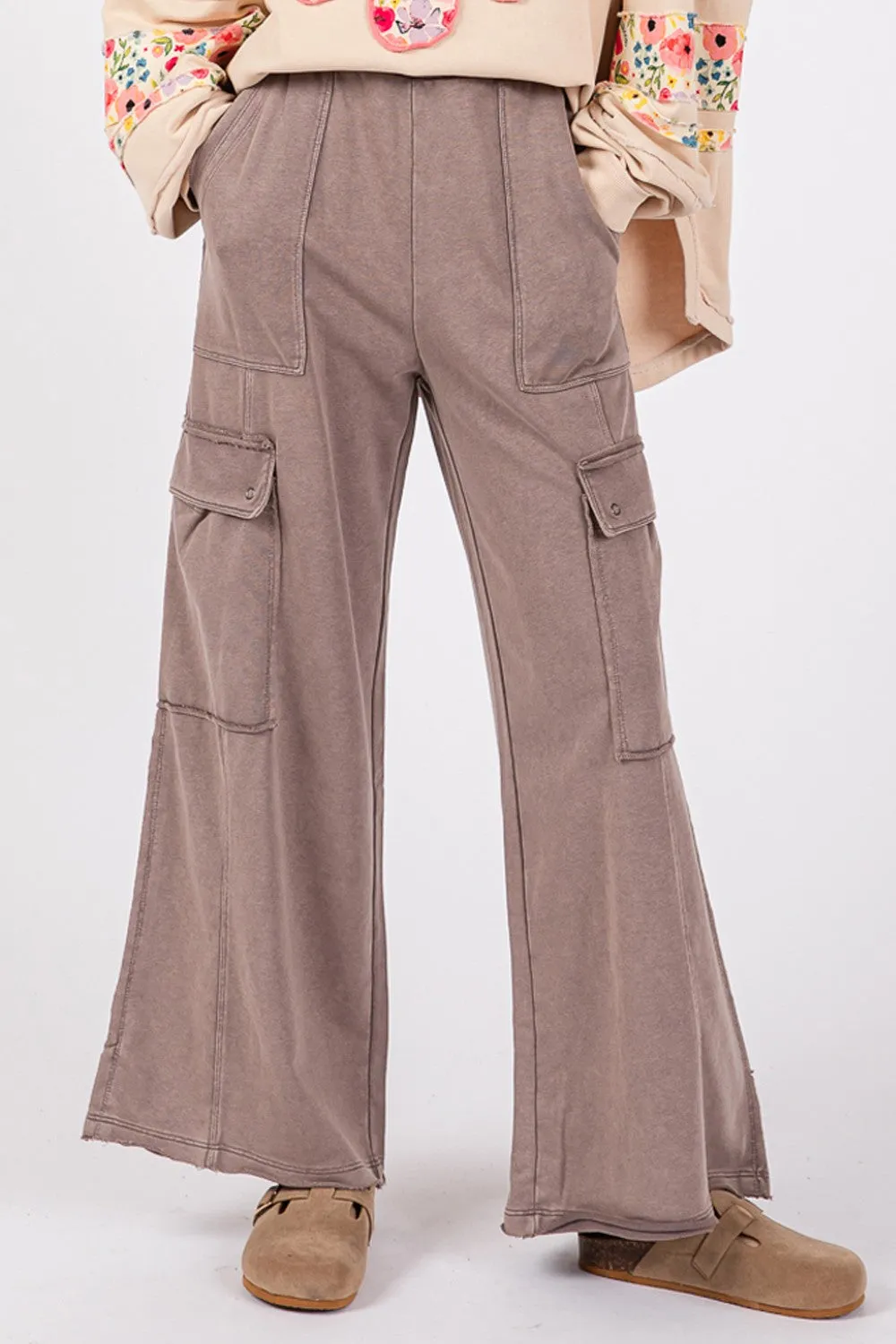 Knit Terry Mineral Wash Wide Leg Pants - Charcoal