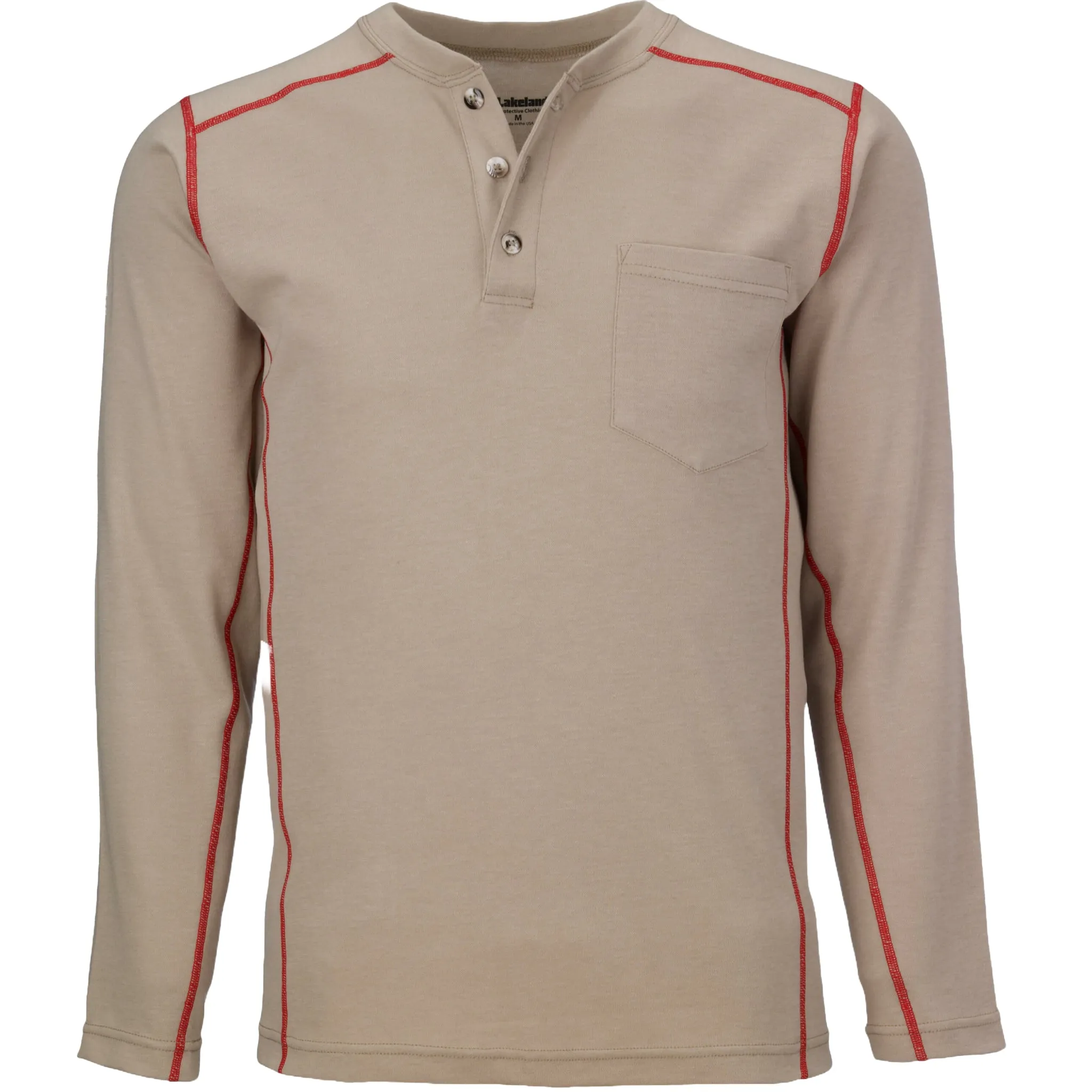 LAKELAND HSAT20 FR Long Sleeve Henley Knit Shirt, Khaki, 1 Each