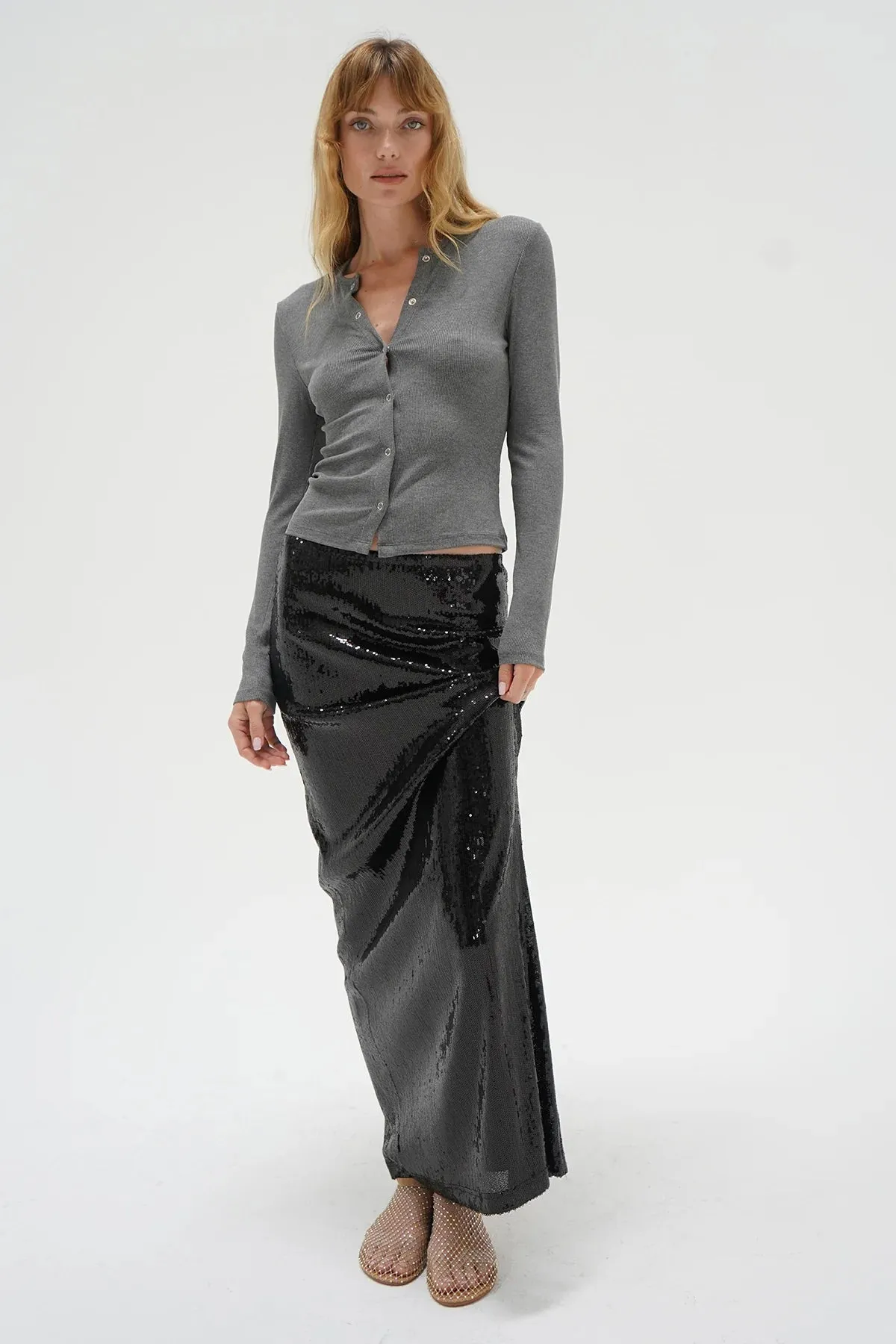 LNA Gabriella Ribbed Snap Henley in Grey