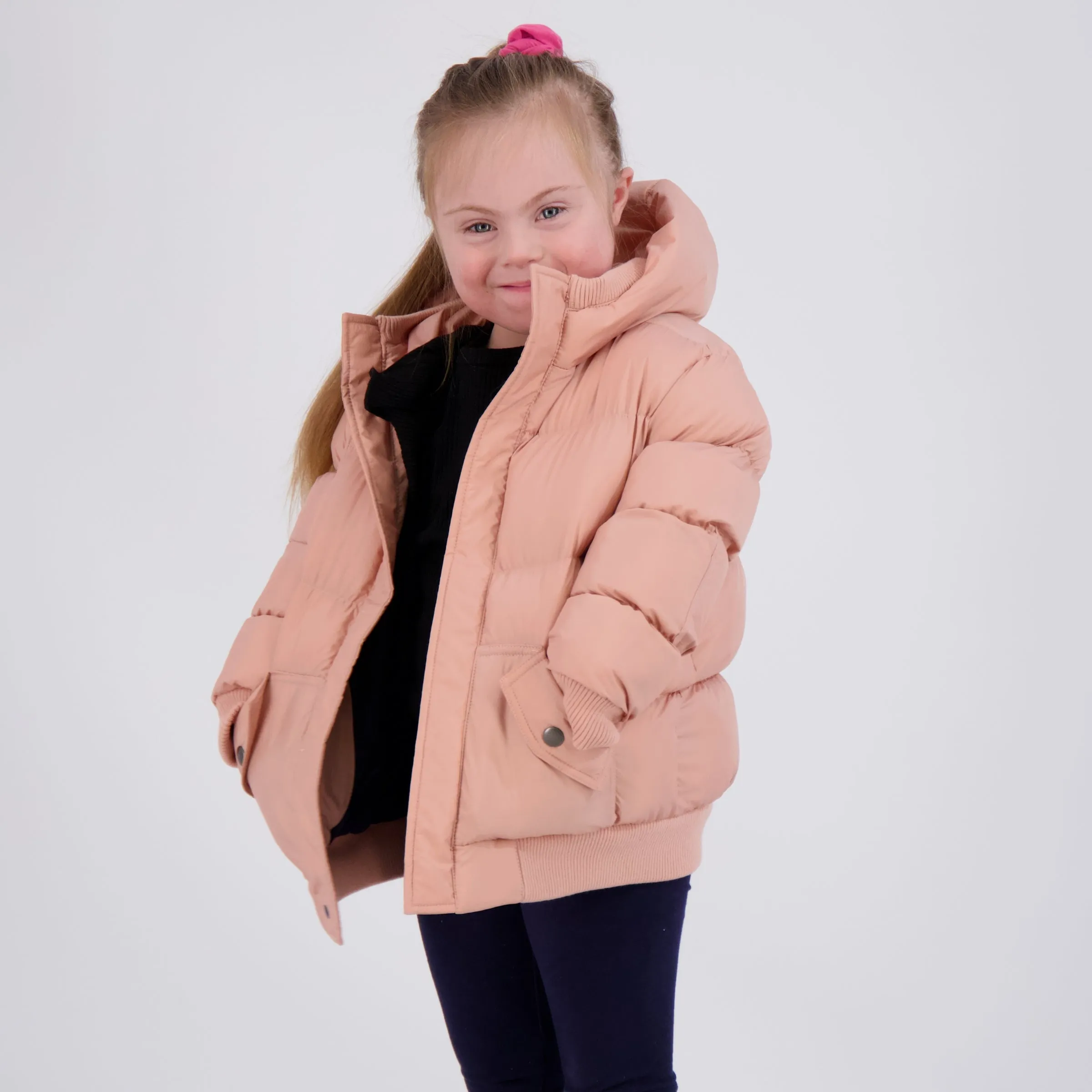 MagnaMini Kids Magnetic Front Water-Resistant Puffer Coat with Hood in Pink