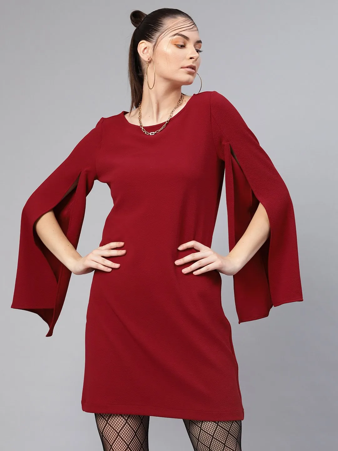 Maroon Cape Sleeves Shift Dress