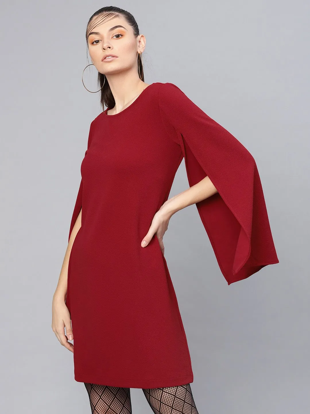 Maroon Cape Sleeves Shift Dress